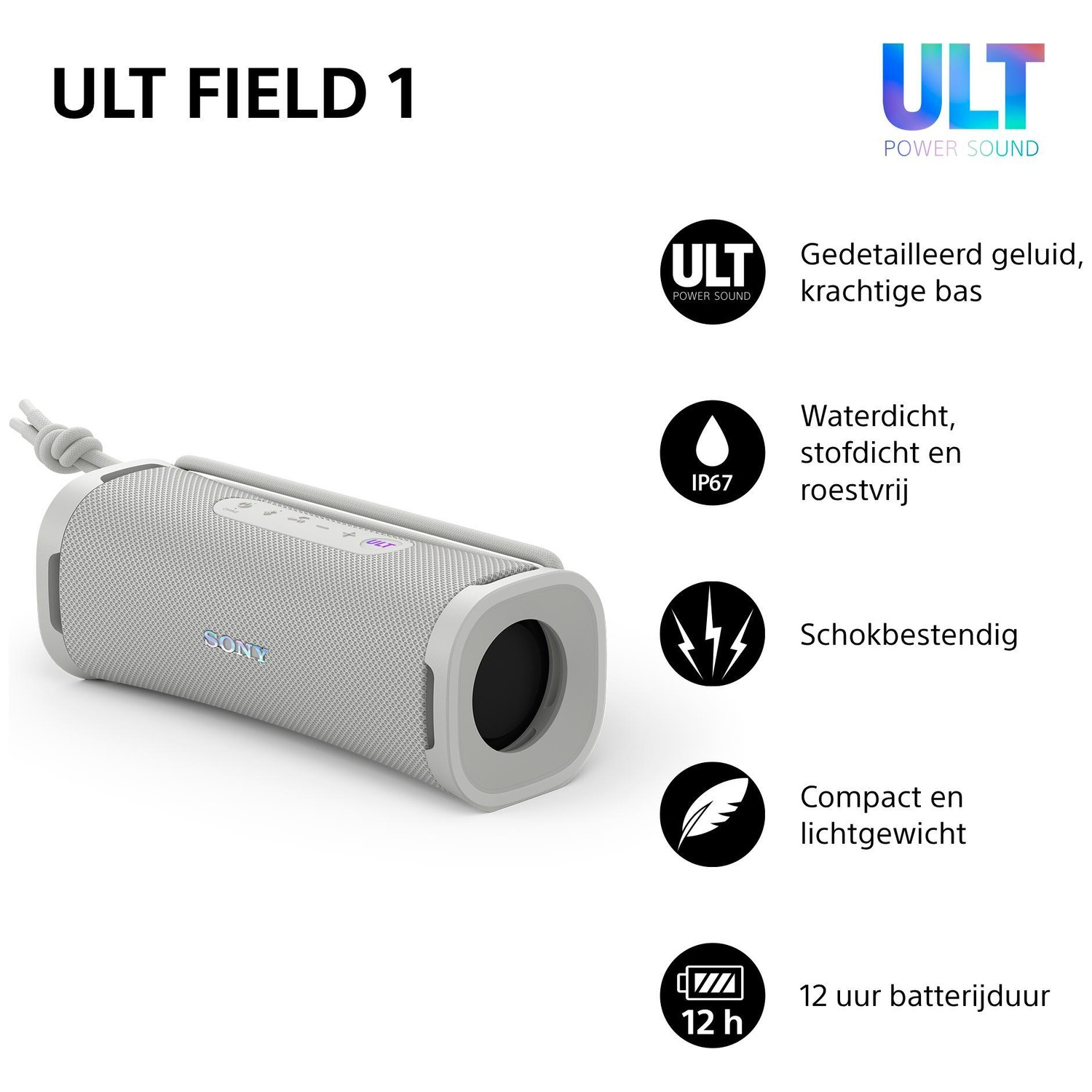 Sony ULT Field 1 portable speaker with product features listed on a white background.