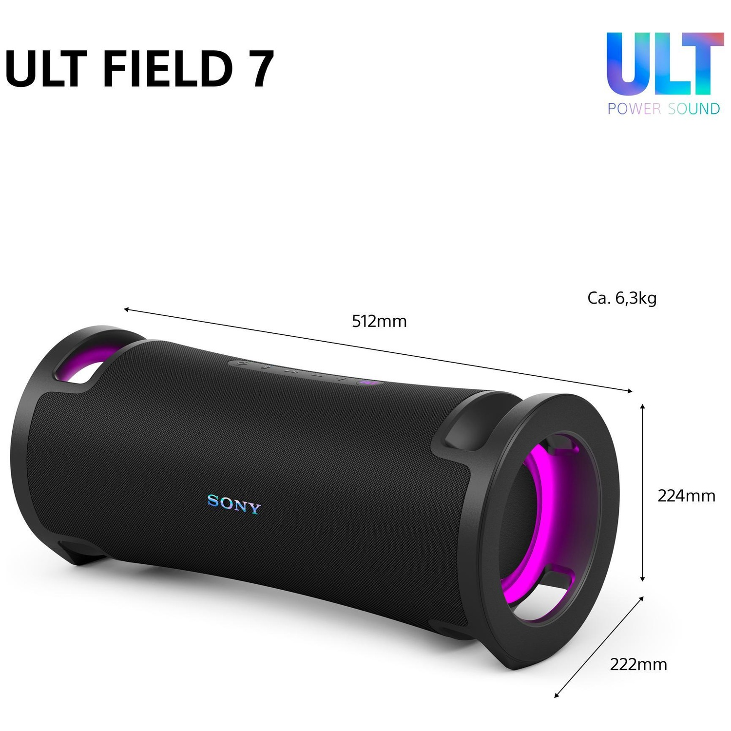Black Sony ULT Field 7 Bluetooth speaker with dimensions and weight, featuring vibrant pink illumination.