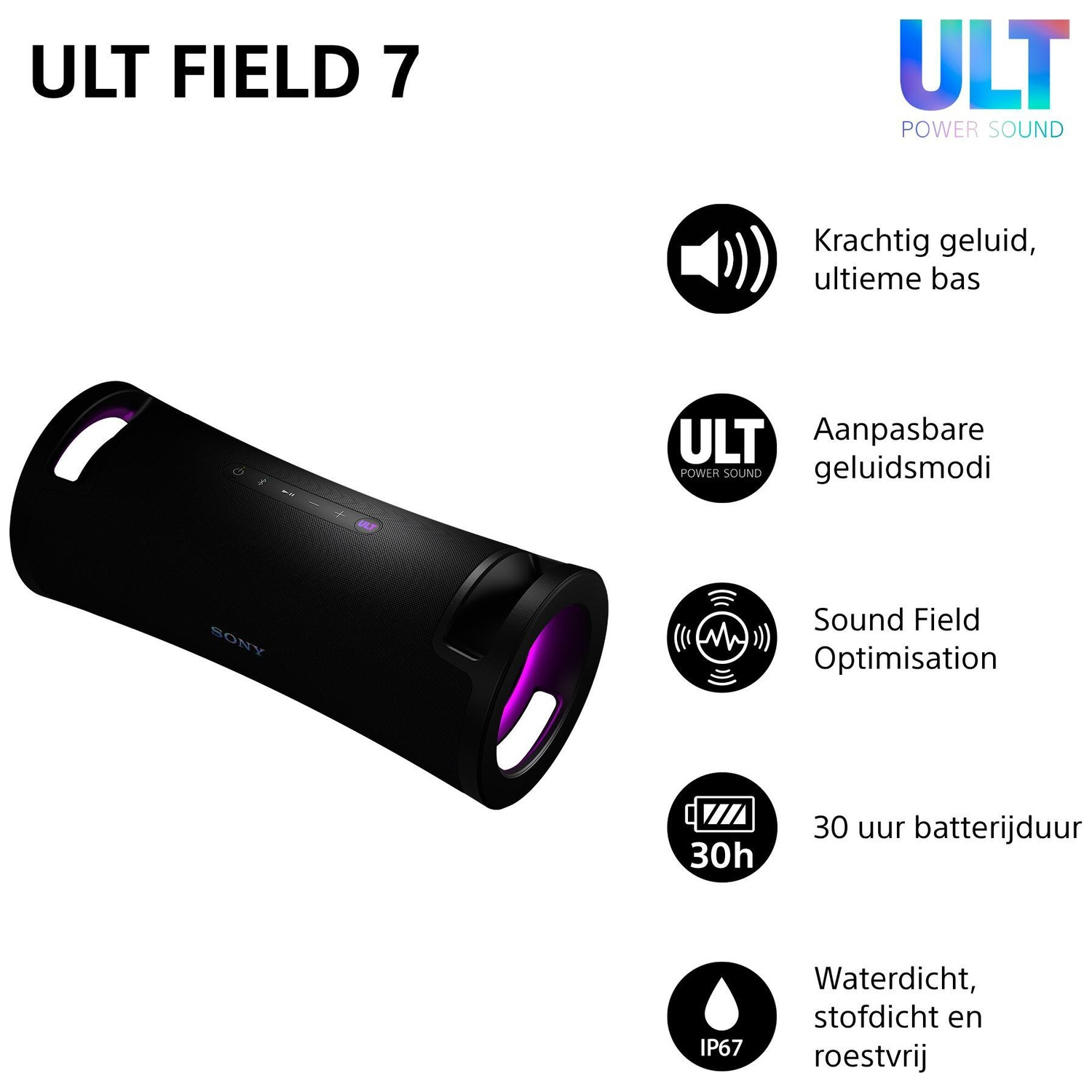 Sony ULT Field 7 black bluetooth speaker with feature icons and text.