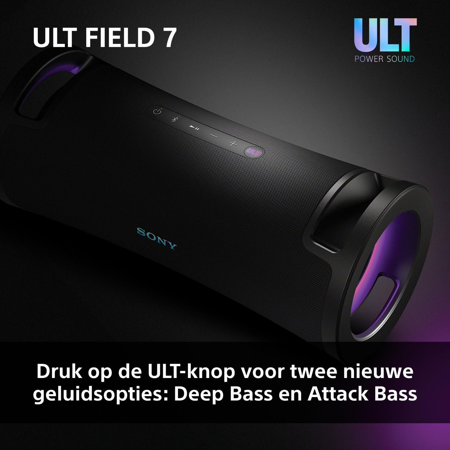 Sony ULT FIELD 7 black wireless speaker with glowing ends and control buttons.
