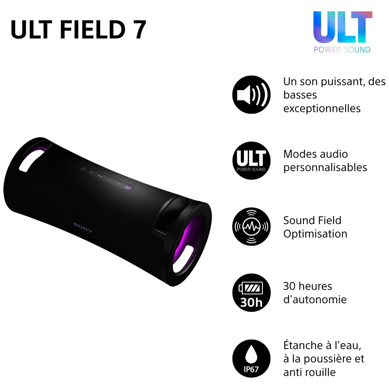 Enceinte Sony ULT FIELD 7 avec basses puissantes, modes personnalisables, autonomie de 30h et étanchéité IP67.