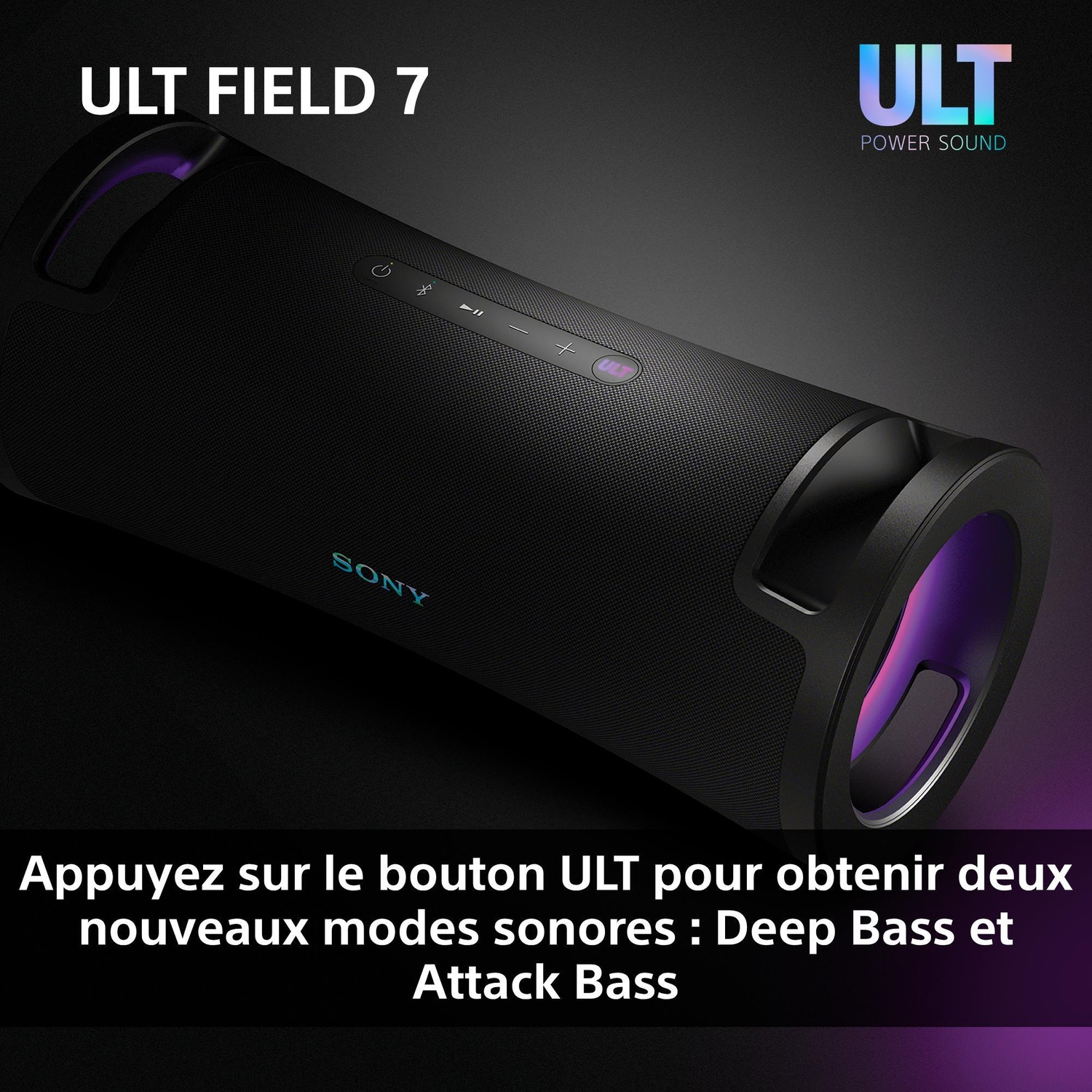 Un haut-parleur Bluetooth Sony ULT Field 7 noir avec un éclairage rougeâtre et du texte affiché.