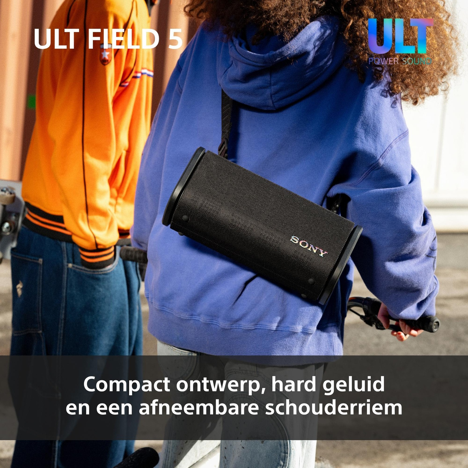 A person in a blue hoodie carries a black Sony speaker on their shoulder, with promotional text below.