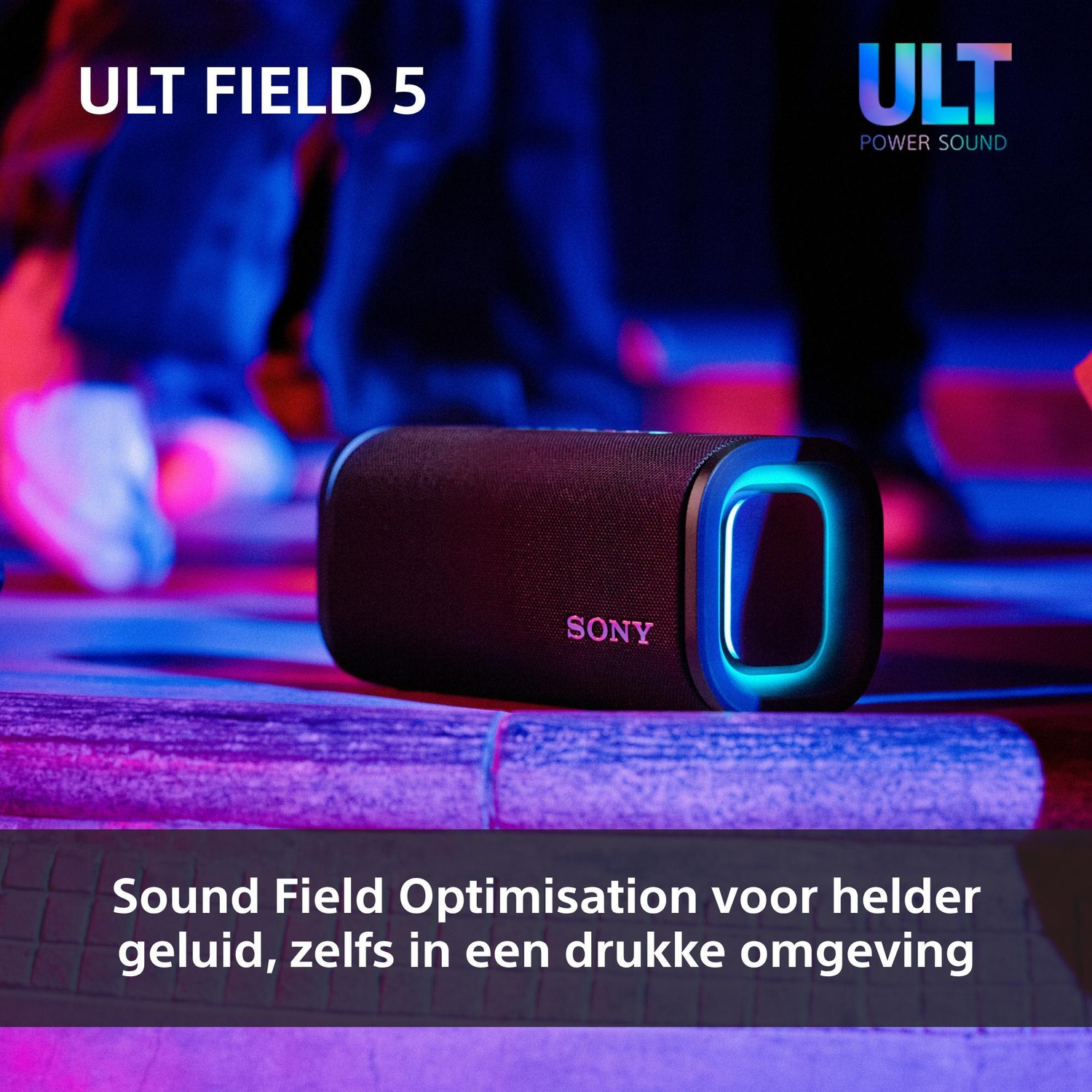 Sony ULT FIELD 5 speaker with blue lighting in a neon-lit environment.