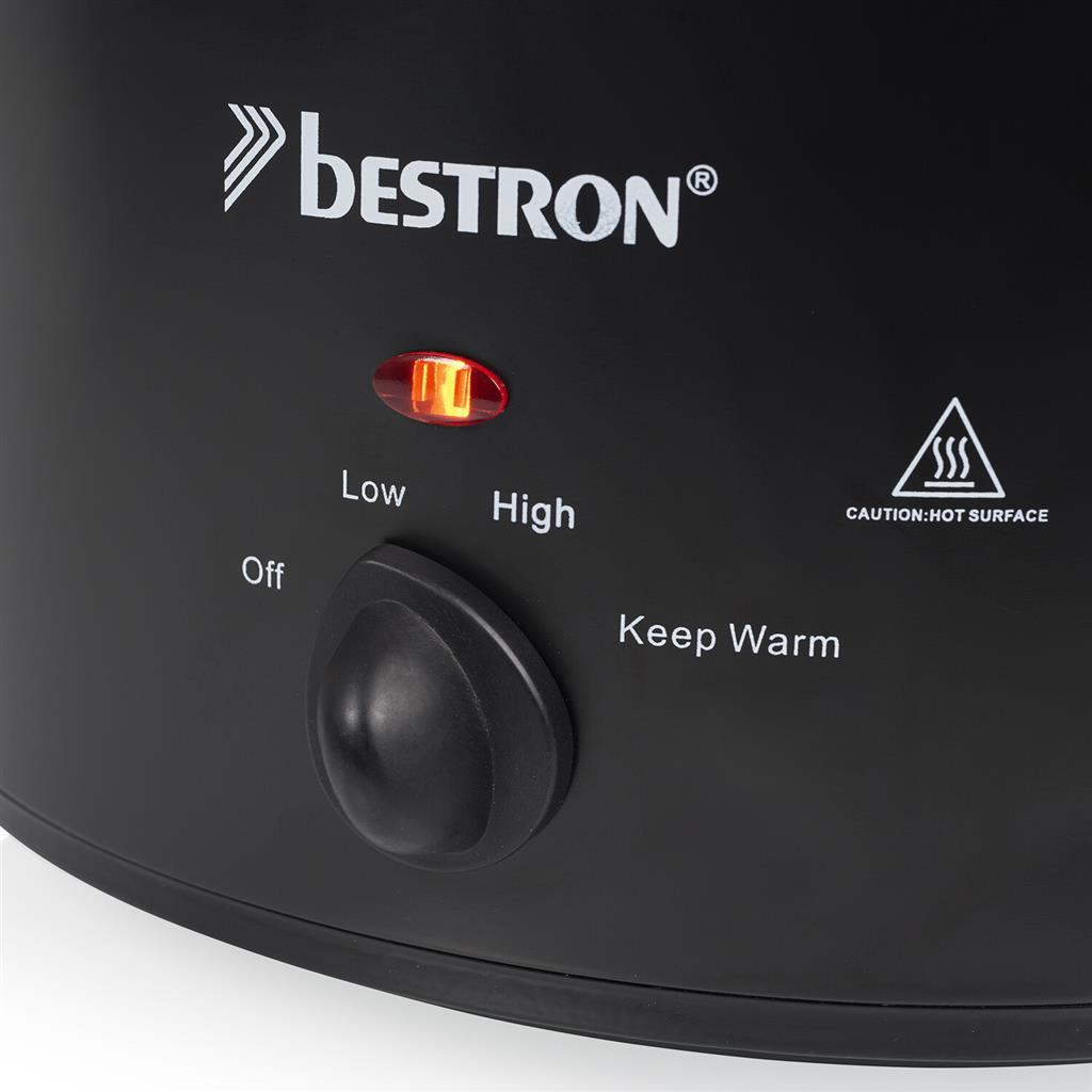 Schwarzes Bestron-Gerät mit Drehregler für Off, Low, High, Keep Warm und roter Kontrollleuchte.