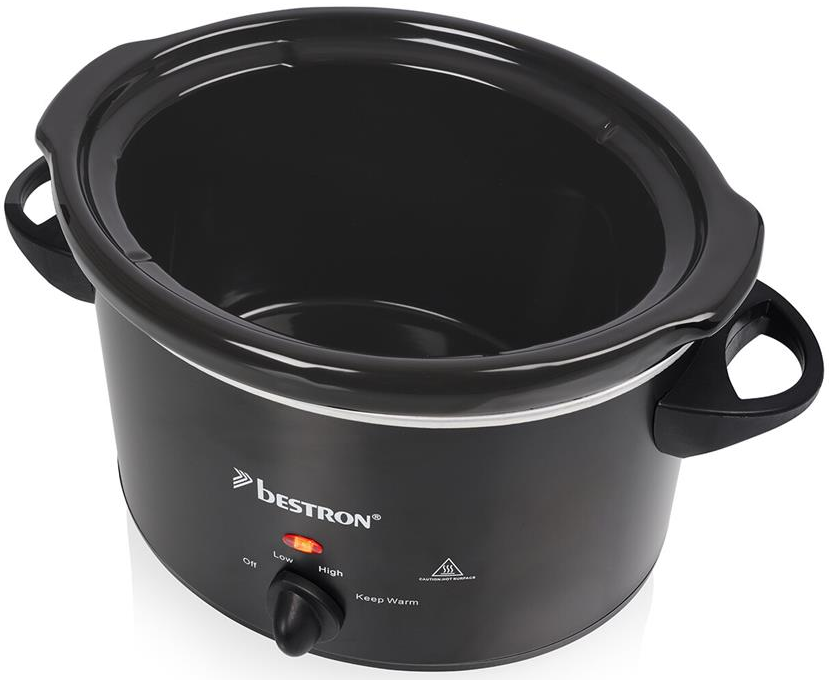 Ein schwarzer Bestron Slow Cooker mit Seitengriffen, einem Drehregler und roter Kontrollleuchte auf weißem Grund.