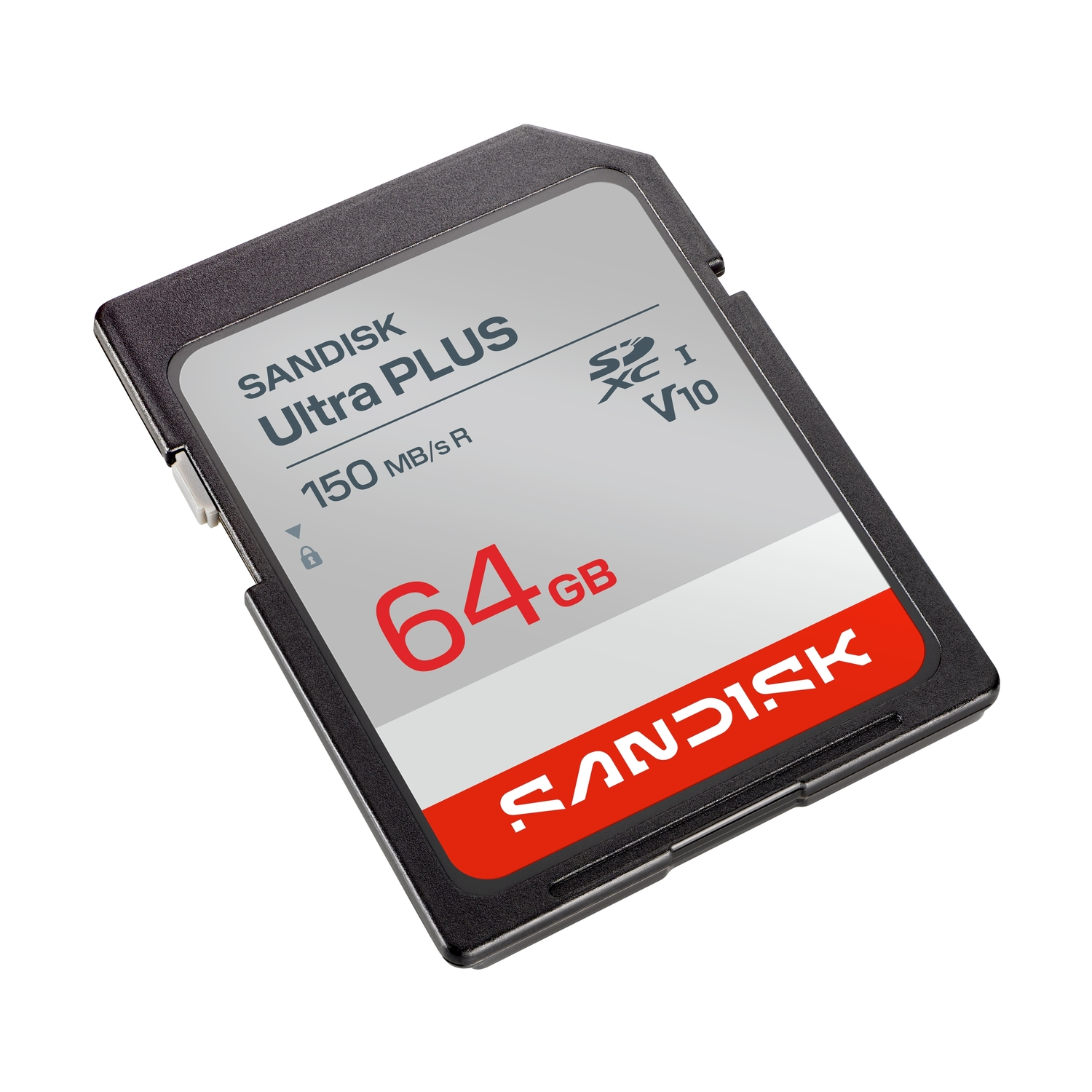 Scheda di memoria SD SanDisk Ultra PLUS da 64 GB con 150 MB/s su sfondo bianco.