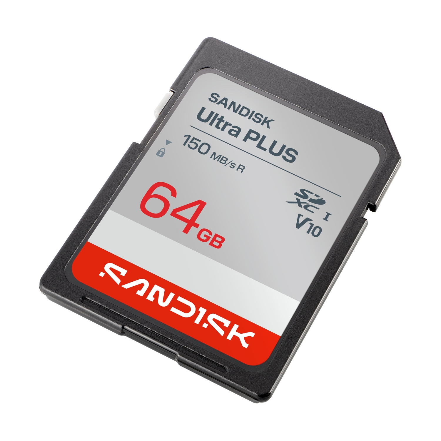 Una scheda di memoria SDXC SanDisk Ultra PLUS da 64 GB su sfondo bianco.