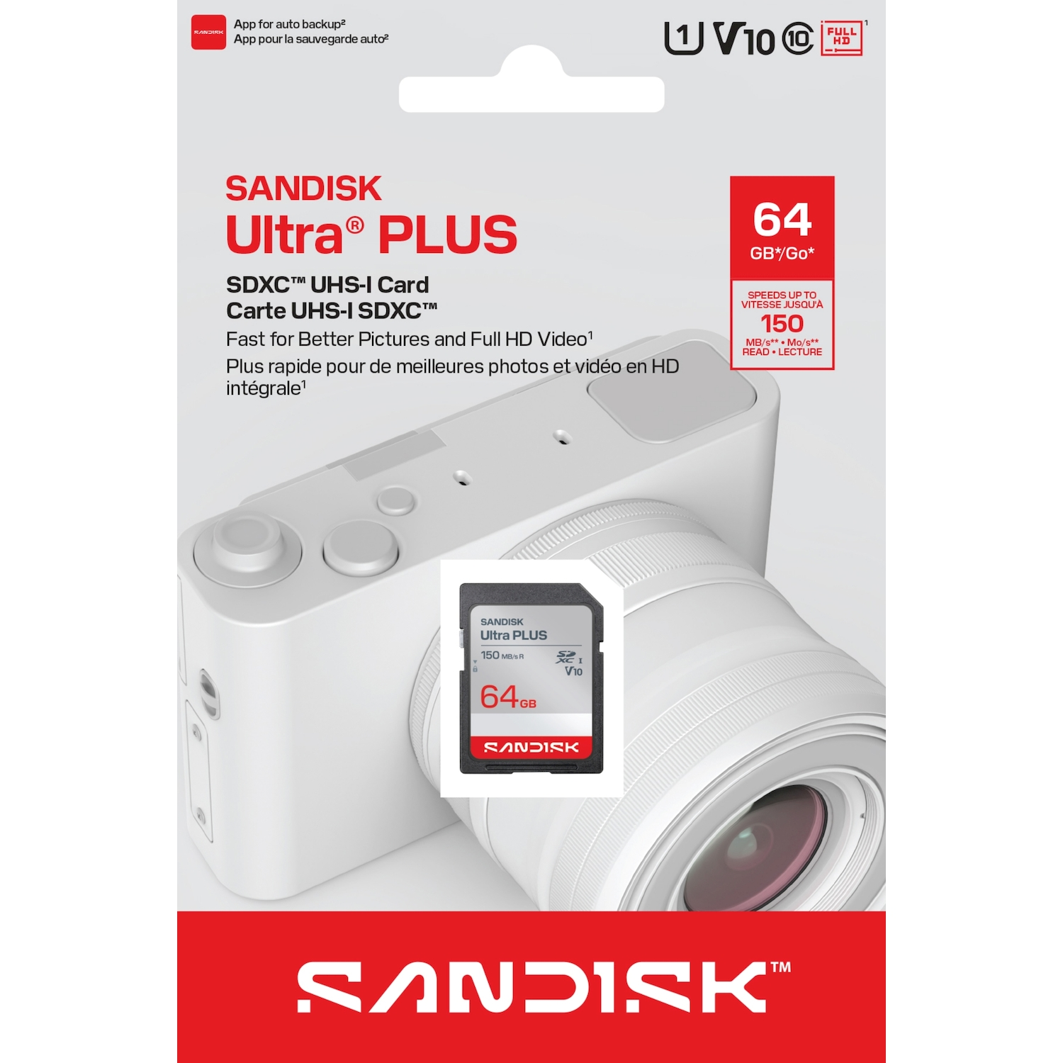 Scheda di memoria SDXC SanDisk Ultra Plus da 64 GB in confezione.