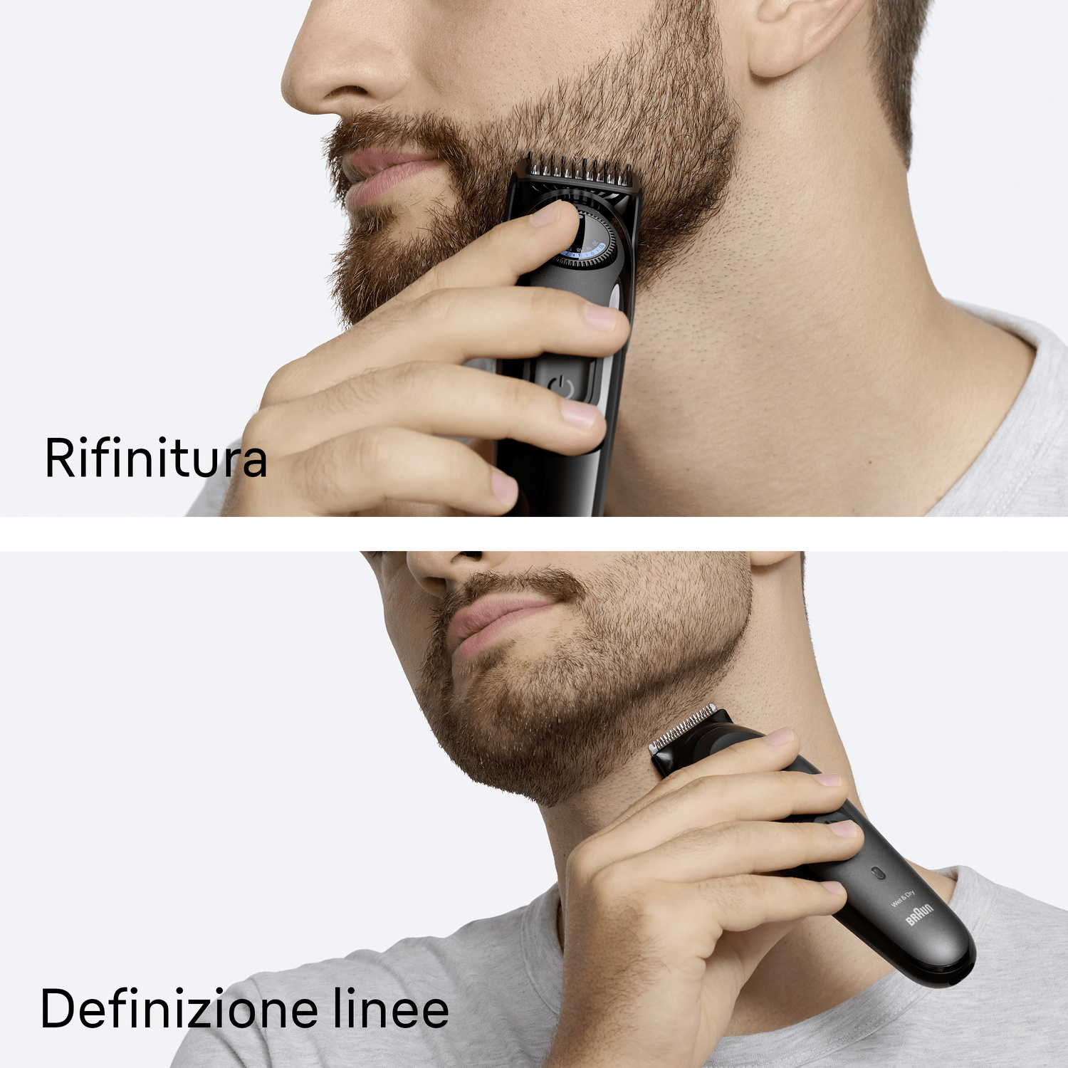 Un uomo rifinisce la barba con un trimmer nero, una volta con il pettine e una per linee precise.