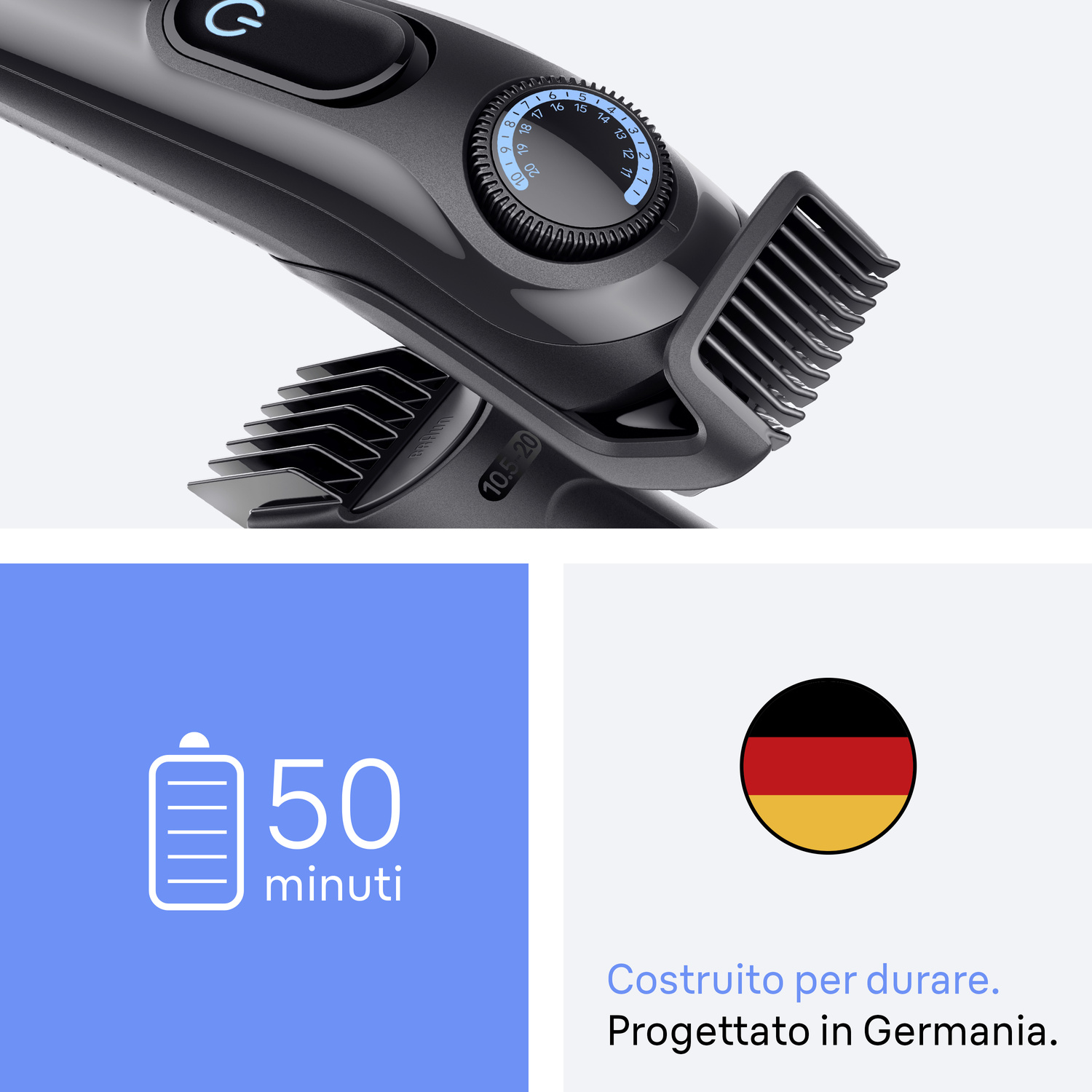 Un regola barba nero, un'icona della batteria da 50 minuti e una bandiera tedesca con testo.