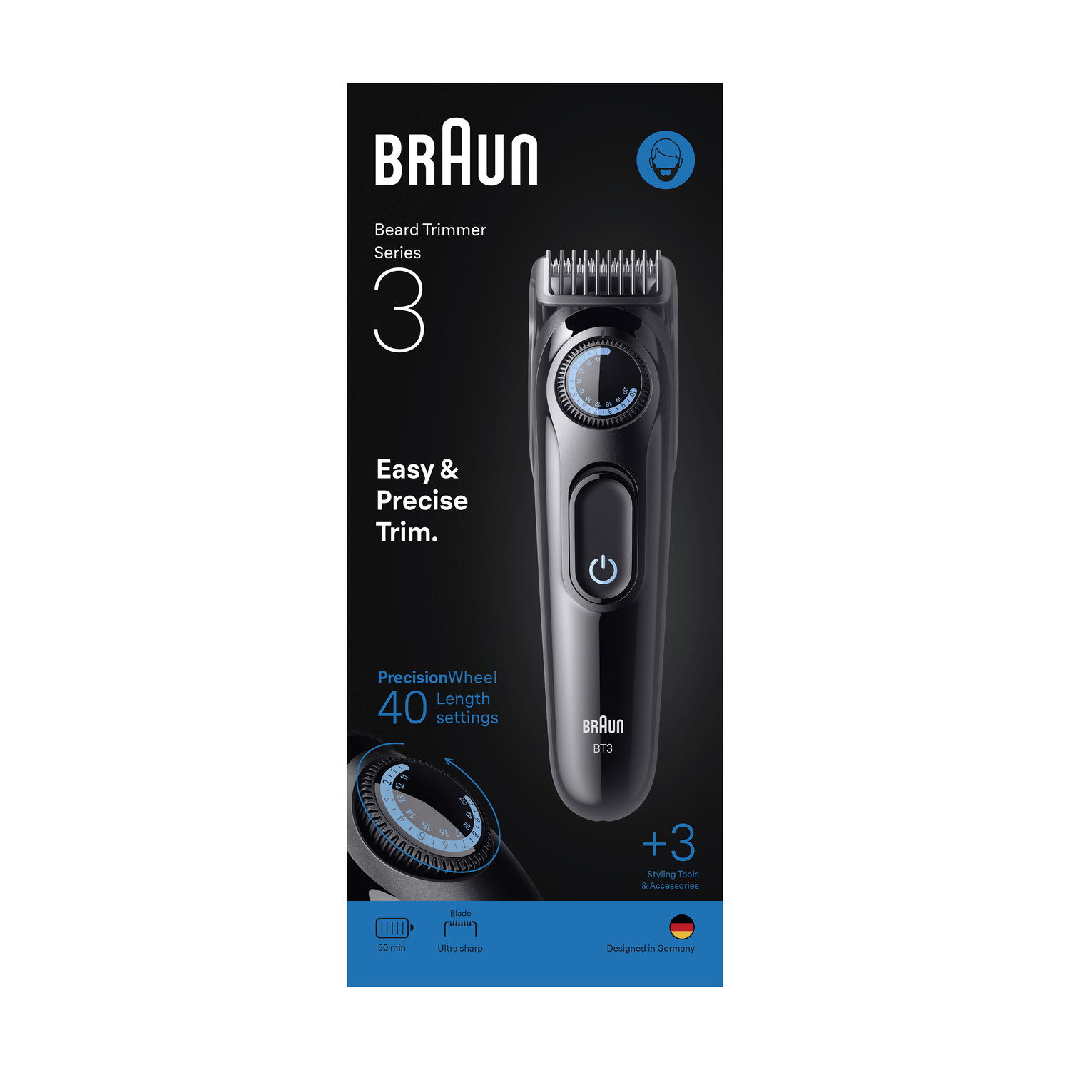 Regolabarba Braun Serie 3 in confezione nera con rotella di precisione e accessori.