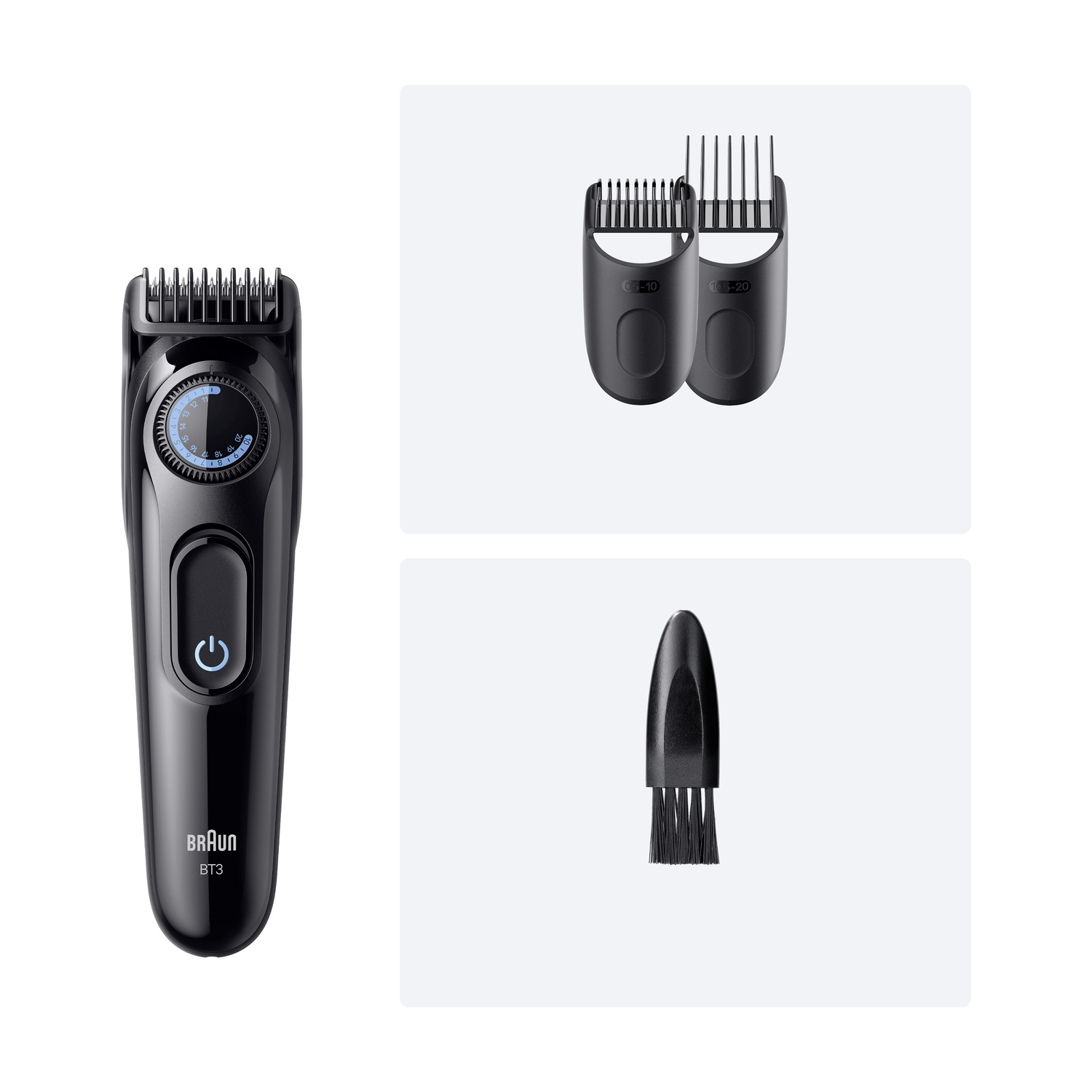 Un trimmer per barba Braun nero con pettini di lunghezza e spazzola su sfondo bianco.