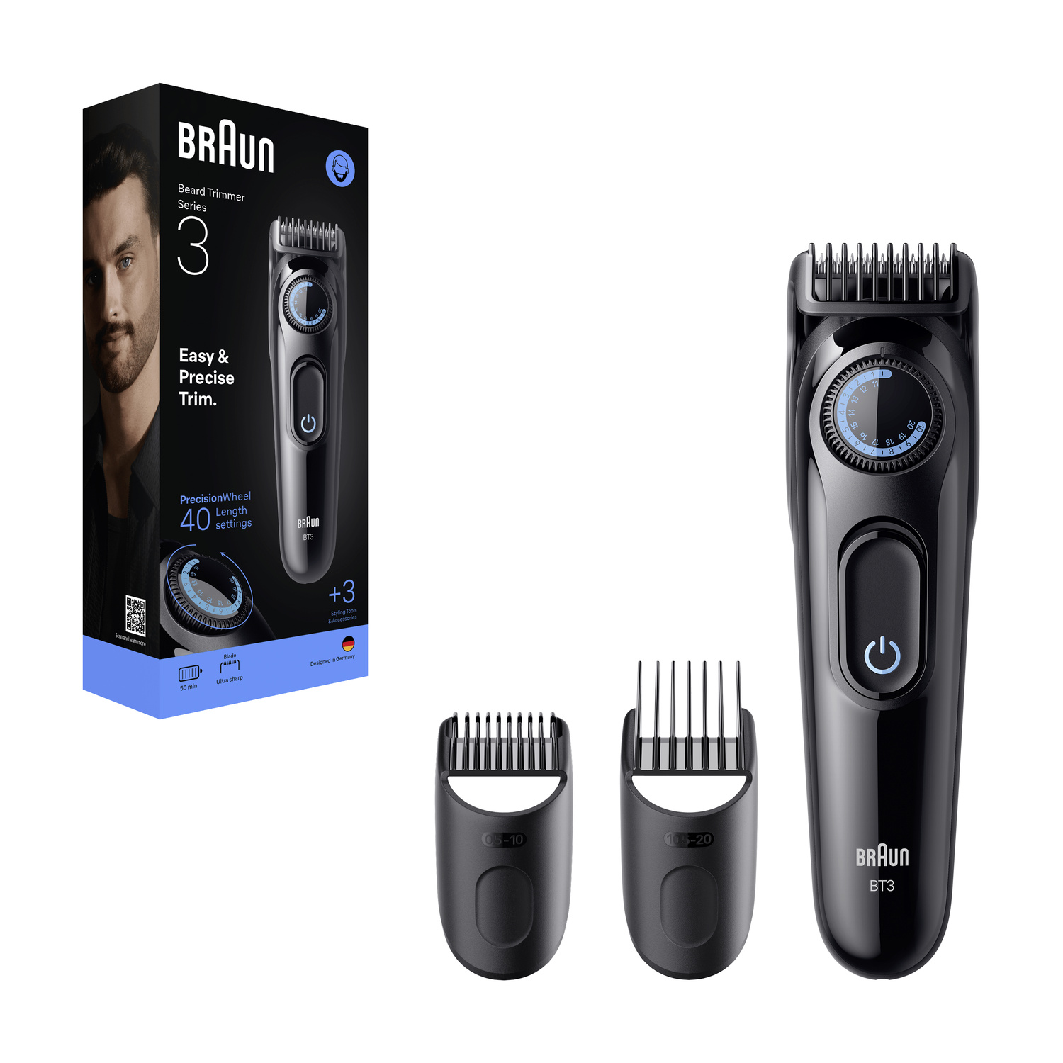 Regolabarba Braun Series 3 con confezione e due accessori su sfondo bianco.