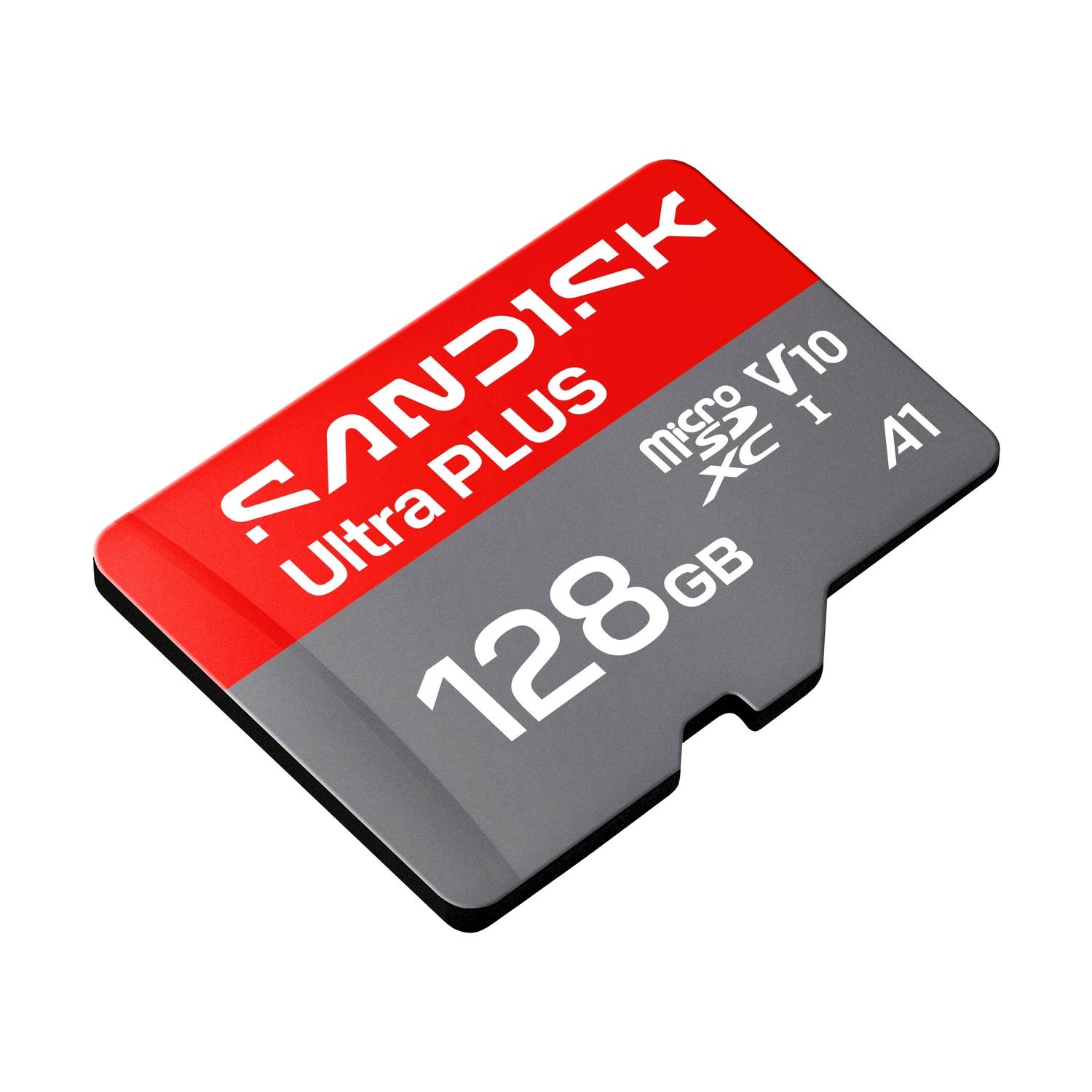 Una scheda di memoria microSDXC SanDisk Ultra Plus da 128 GB rossa e grigia su sfondo bianco.