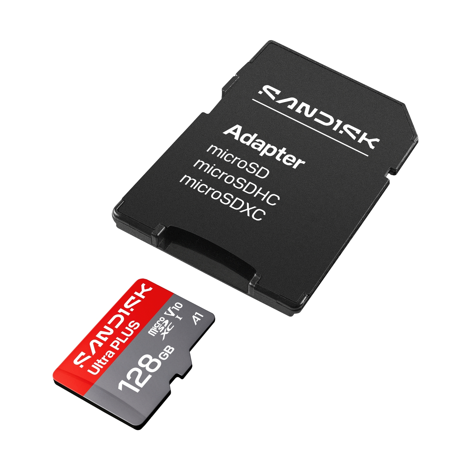 Una scheda adattatore SD SanDisk nera con una scheda microSD rossa e grigia da 128 GB su sfondo bianco.