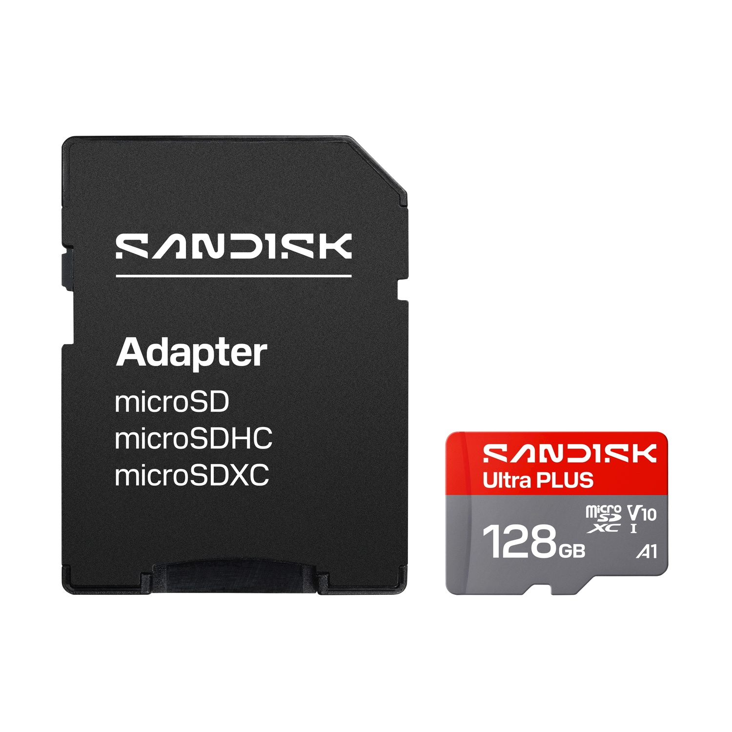 Un adattatore per scheda SD SanDisk nero e una scheda di memoria microSDXC SanDisk Ultra PLUS da 128 GB rossa e grigia.