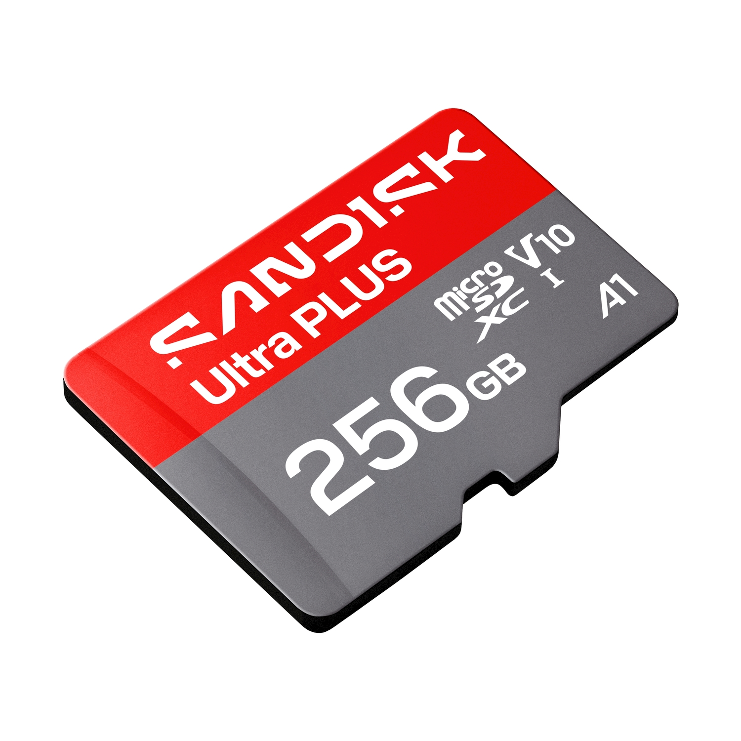 Una scheda microSD SanDisk Ultra Plus da 256 GB in rosso e grigio, con testo bianco.