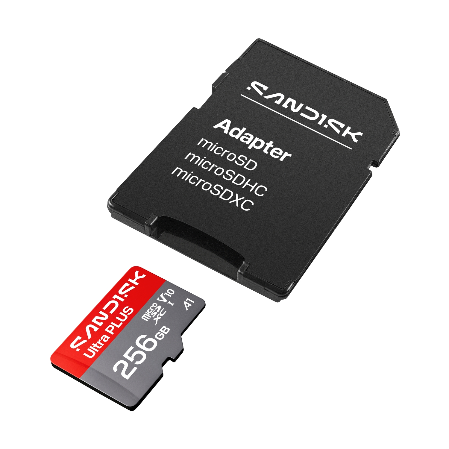 Un adattatore SD SanDisk nero e una scheda MicroSD SanDisk Ultra Plus da 256 GB rossa e grigia su sfondo bianco.