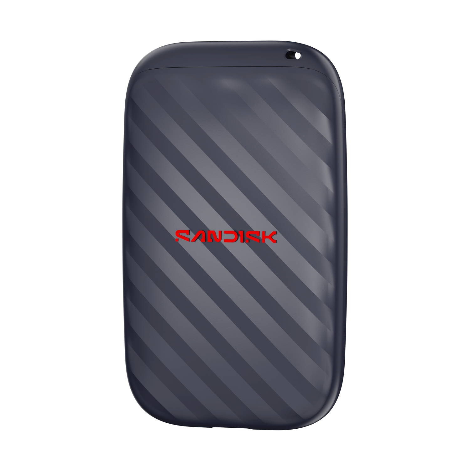 SSD portatile SanDisk blu scuro con righe diagonali e logo rosso su sfondo bianco.