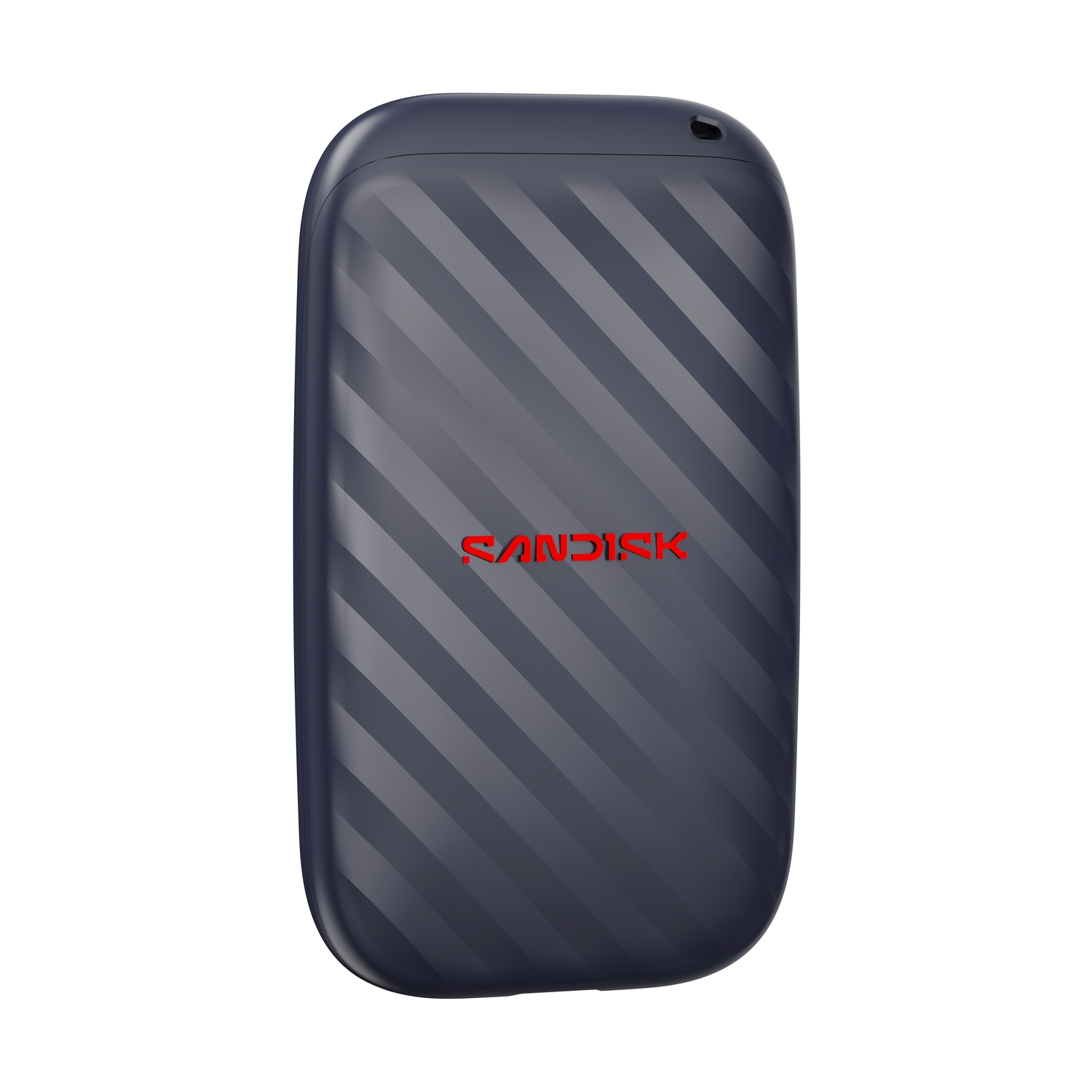 SSD SanDisk blu scuro con angoli arrotondati, strisce diagonali e logo rosso su sfondo bianco.