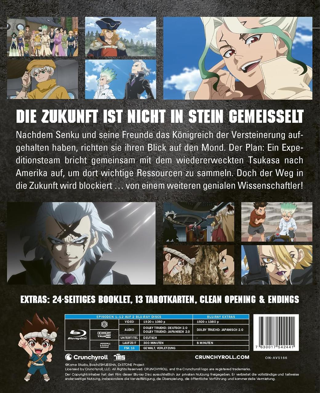 Rückseite einer Anime-Blu-ray-Hülle mit Charakteren, deutscher Beschreibung, Extras und technischen Details.