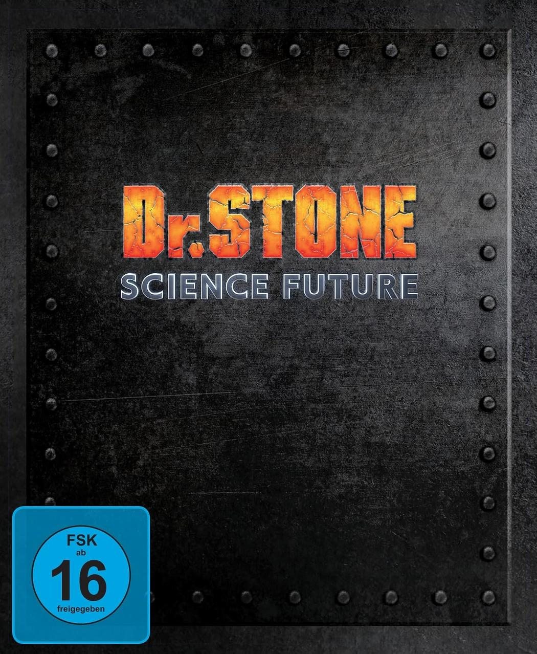 Dr. STONE Science Future Cover auf schwarzem Metall mit Nieten und FSK 16 Logo.