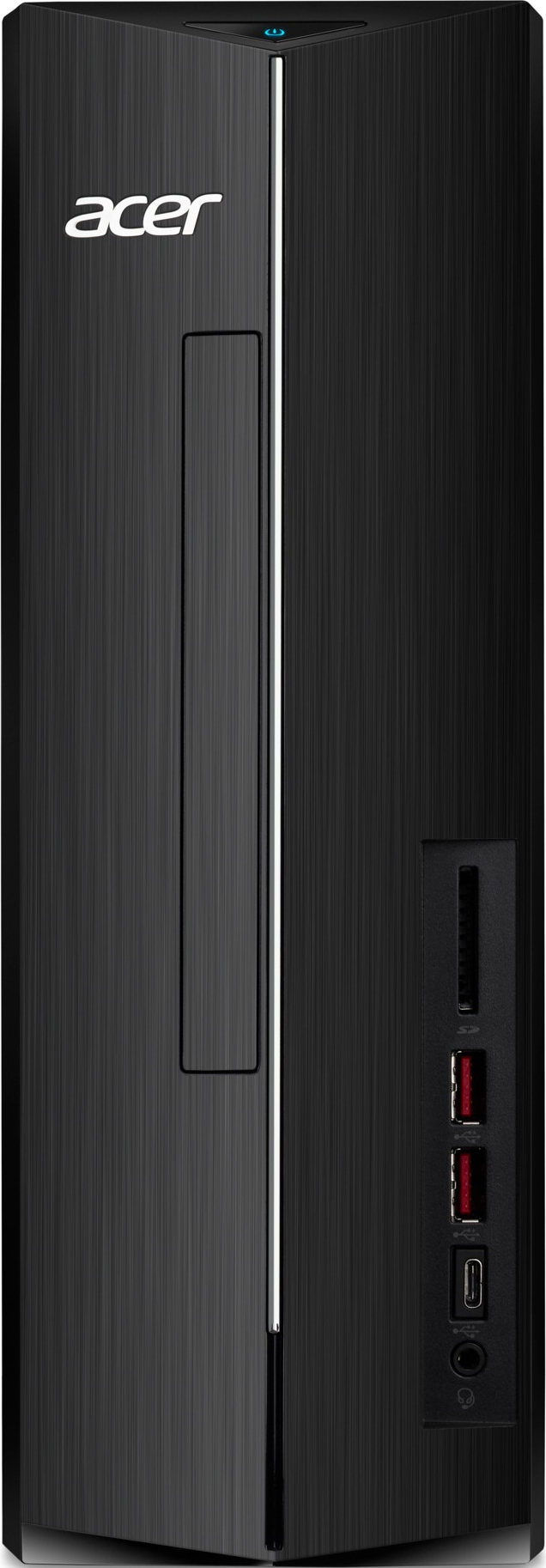 Frontansicht eines schwarzen Acer-Desktop-PCs mit gebürsteter Metalloberfläche, USB-Anschlüssen und einem optischen Laufwerk.