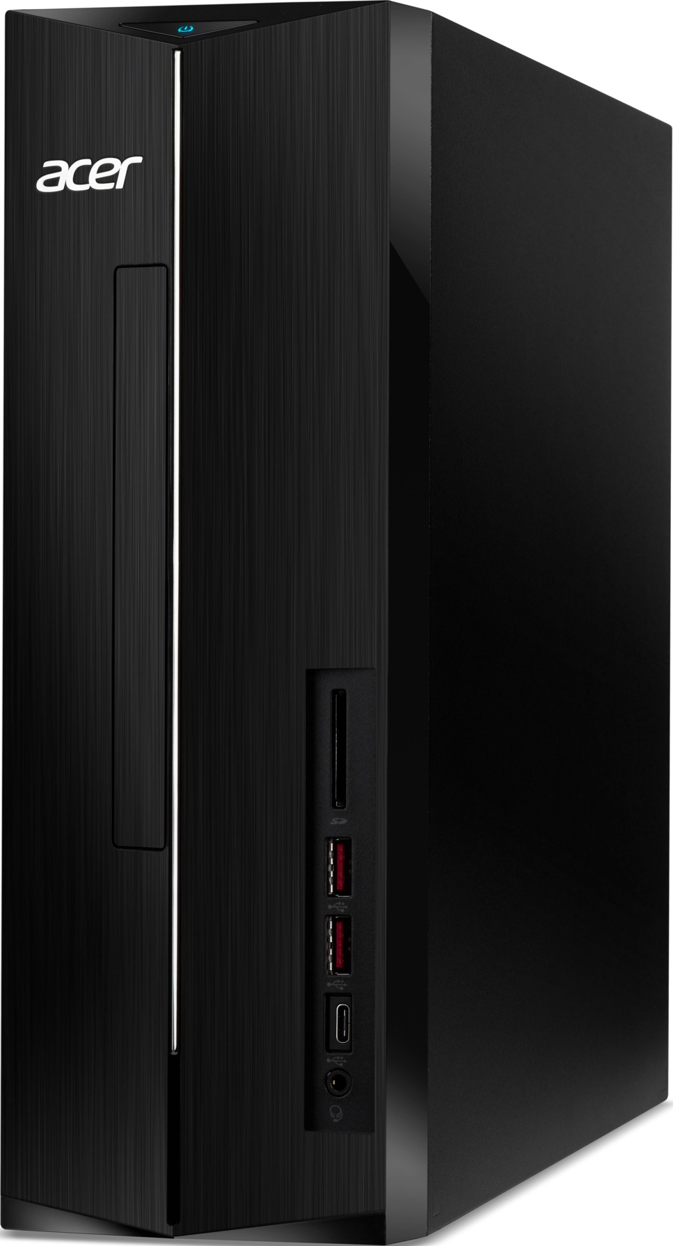 Schwarzer Acer-Desktop-PC mit gebürsteter Front und senkrechten Anschlüssen.