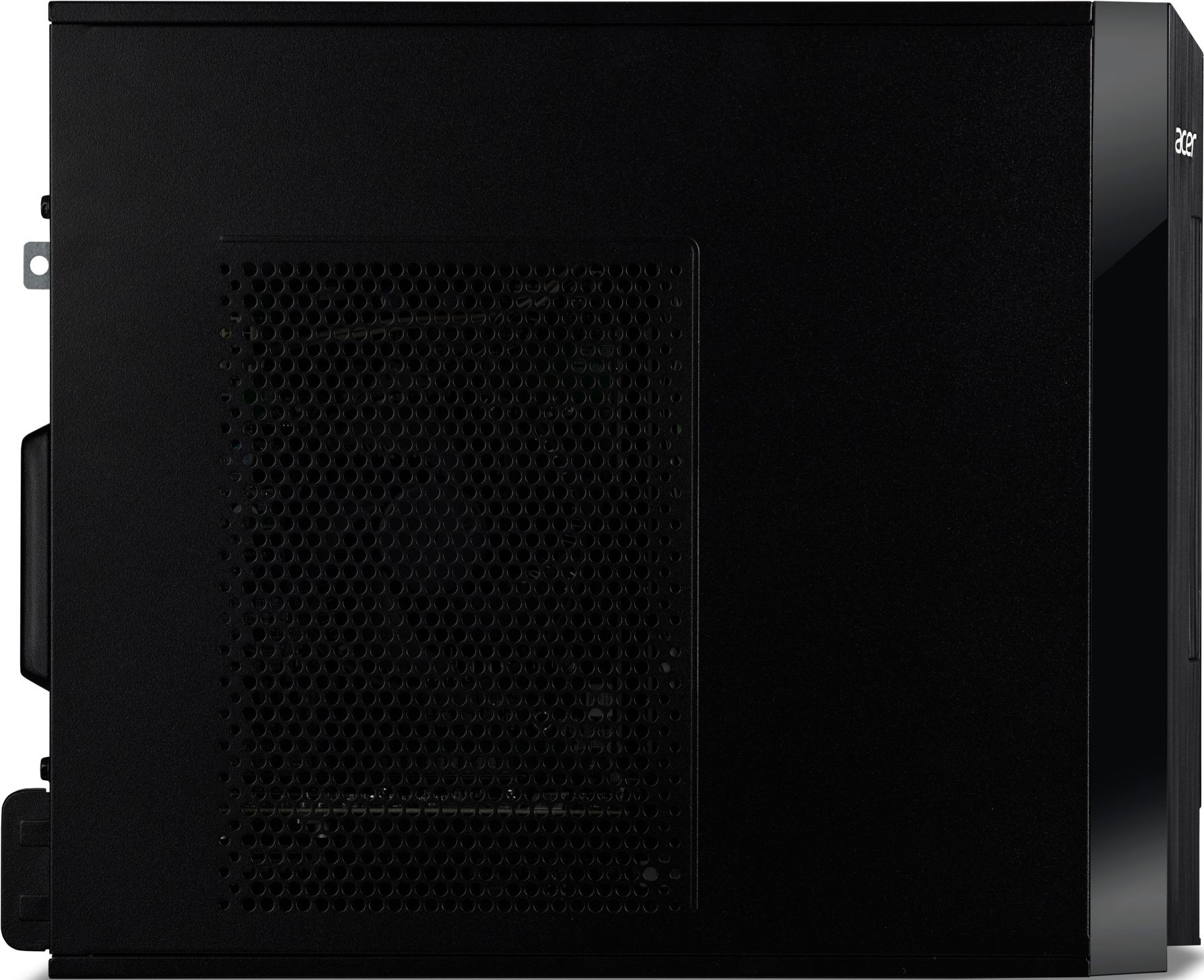 Schwarzes Acer Desktop-PC-Gehäuse mit Lüftungsgitter an der Seitenwand.