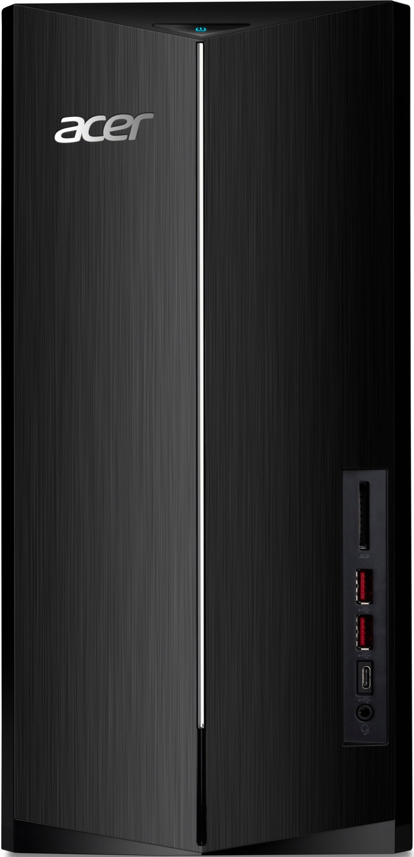Frontansicht eines schwarzen Acer-Desktop-PCs mit gebürsteter Metalloberfläche und vertikalem LED-Lichtstreifen.