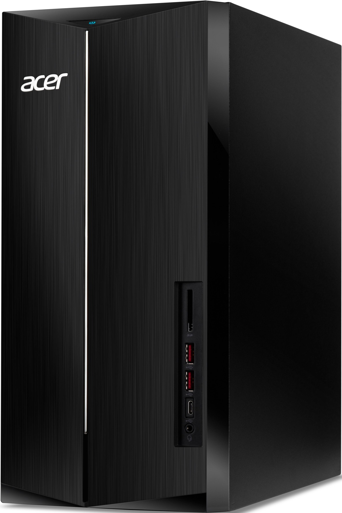 Schwarzer Acer-Desktop-PC mit gebürsteter Metallfront, vertikaler Leuchte und Anschlüssen unten.