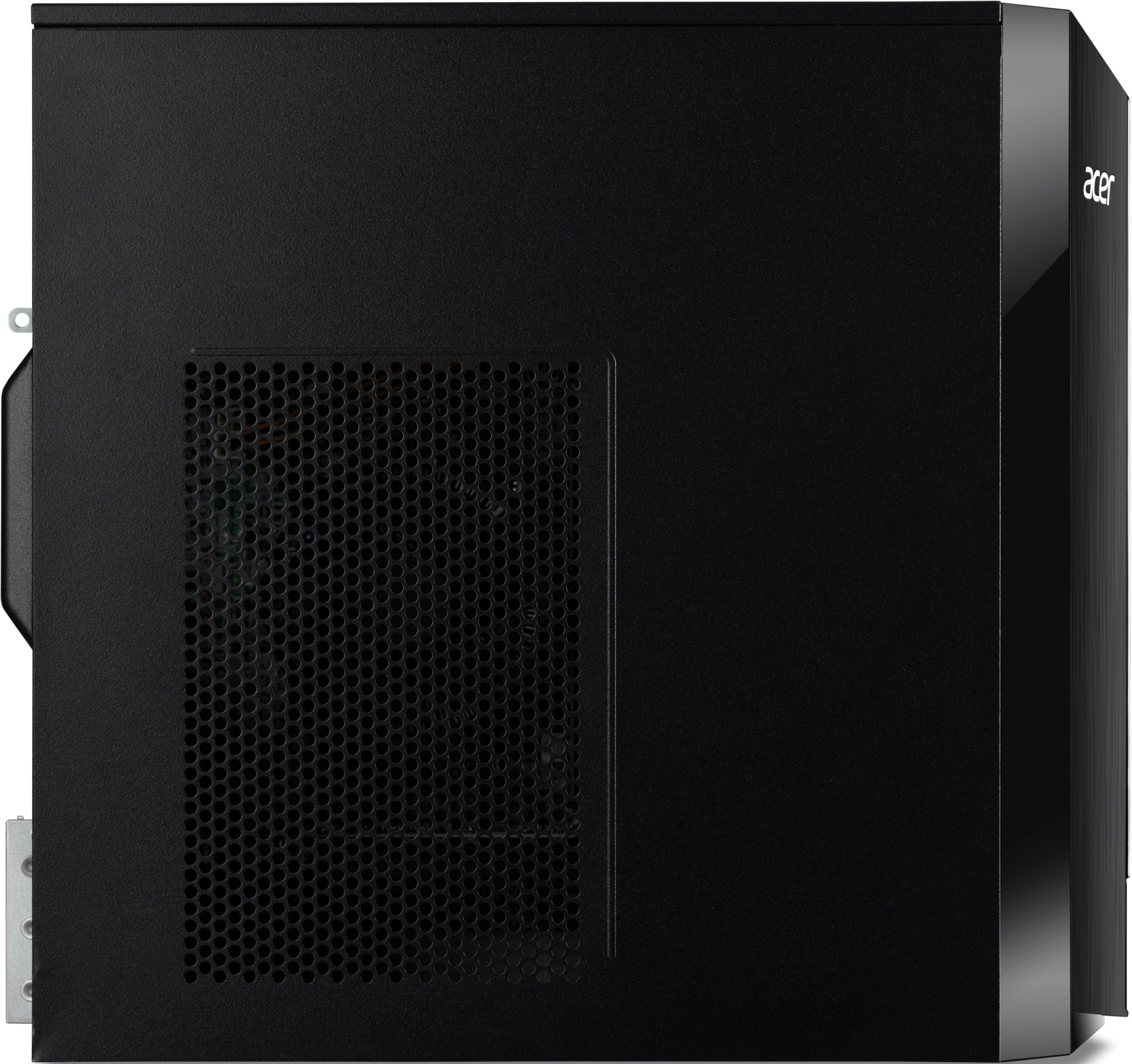 Ein schwarzer Acer Computer-Tower mit einem großen Mesh-Lüftungsgitter an der Seitenwand.