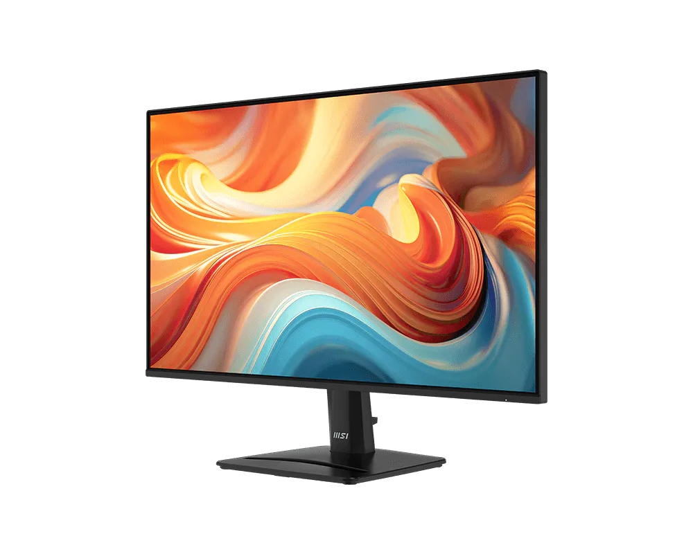 Soyut, renkli bir arka plan gösteren siyah bir MSI monitör.
