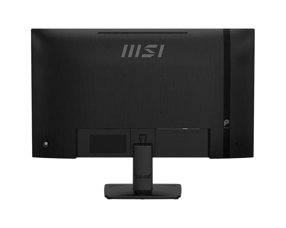 Üst kısmında marka logosu ve standı olan siyah bir MSI Pro monitörün arka görünümü.