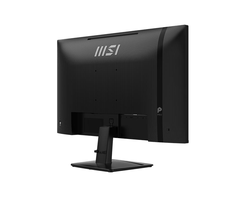 Düz beyaz bir arka plan üzerinde stantlı siyah bir MSI Pro monitörün arka görünümü.