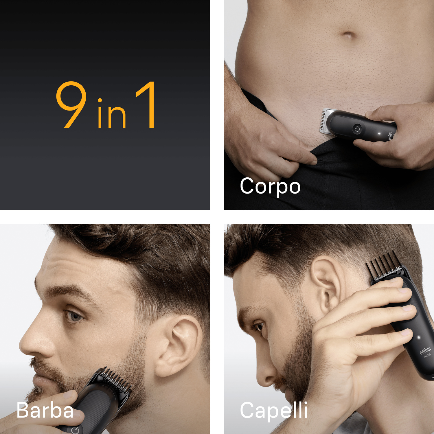 Quattro immagini mostrano un rasoio 9 in 1 per corpo, barba e capelli.