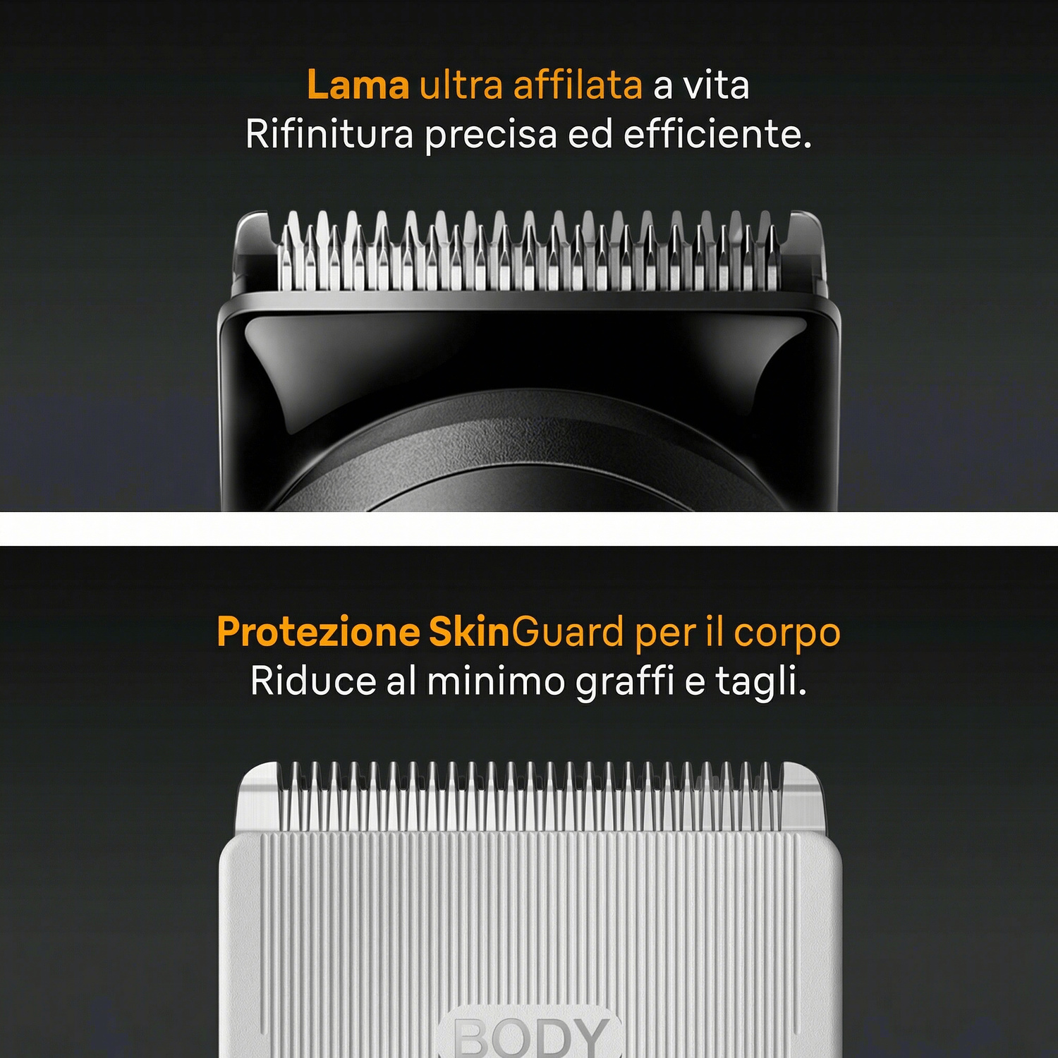 Due primi piani di lame di rasoio con testo in italiano sopra, che evidenziano precisione e protezione.