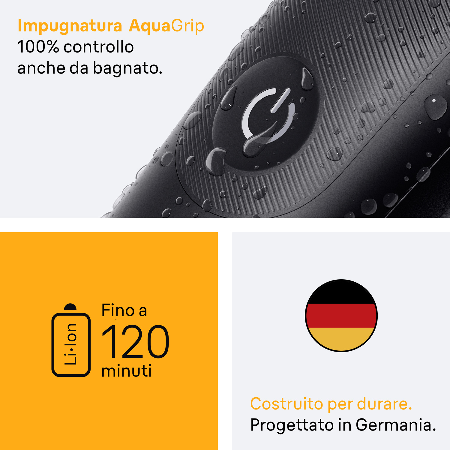 Rasoio impermeabile con impugnatura AquaGrip, batteria Li-Ion da 120 min e progettazione tedesca.