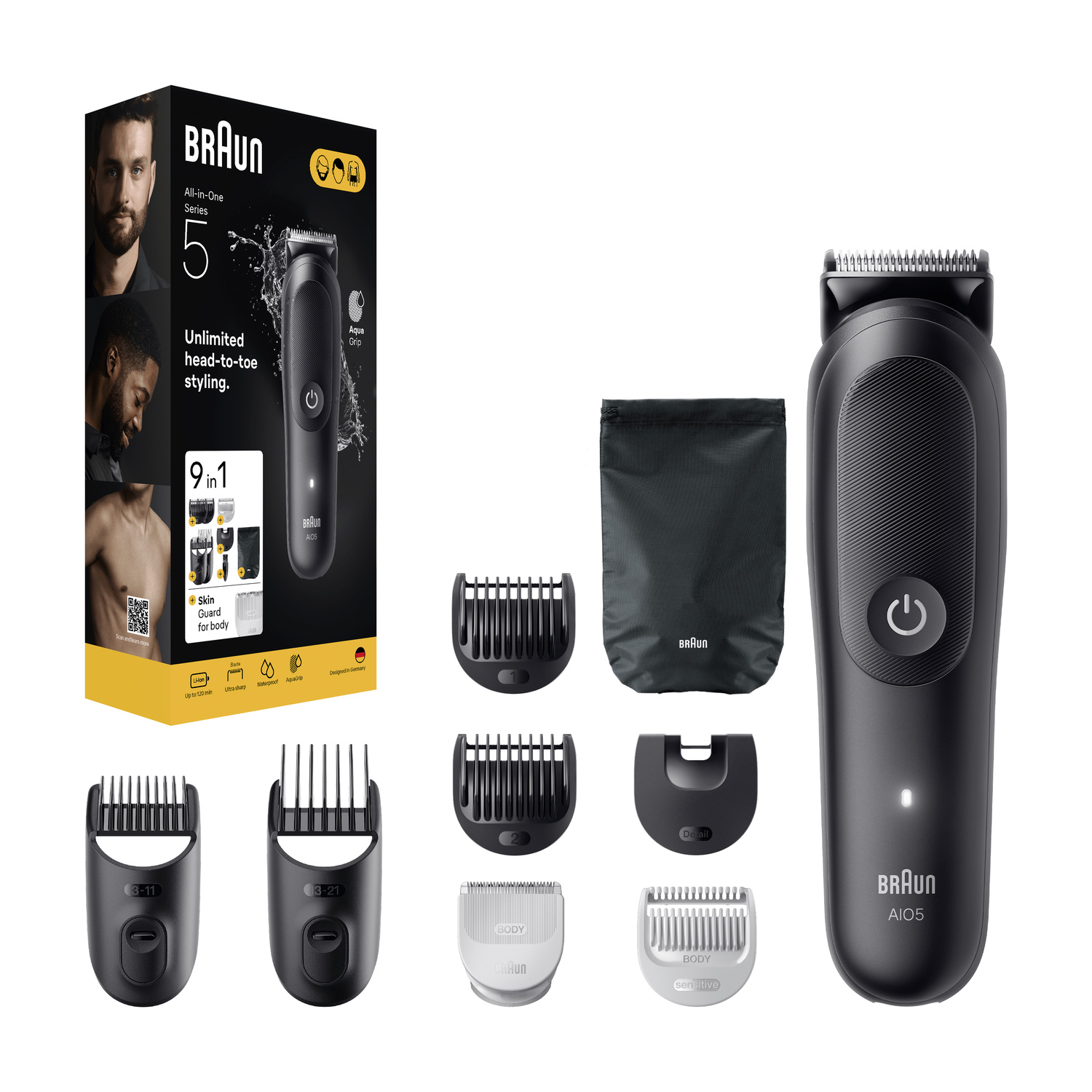 Kit tagliacapelli Braun All-in-One Series 5 con scatola, vari accessori e componenti su sfondo bianco.