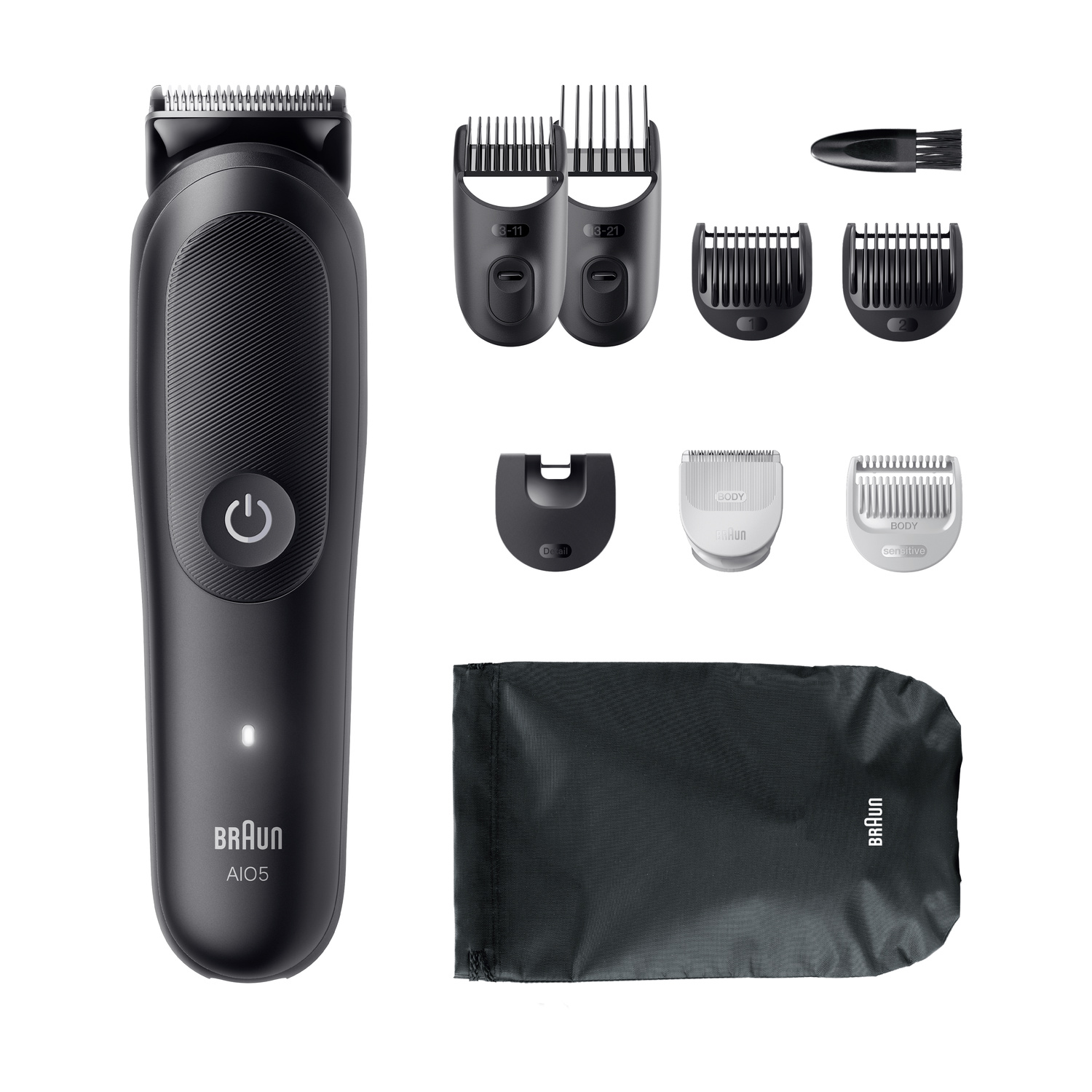 Set rifinitore Braun AIO5 nero con vari accessori, spazzola e custodia nera su sfondo bianco.