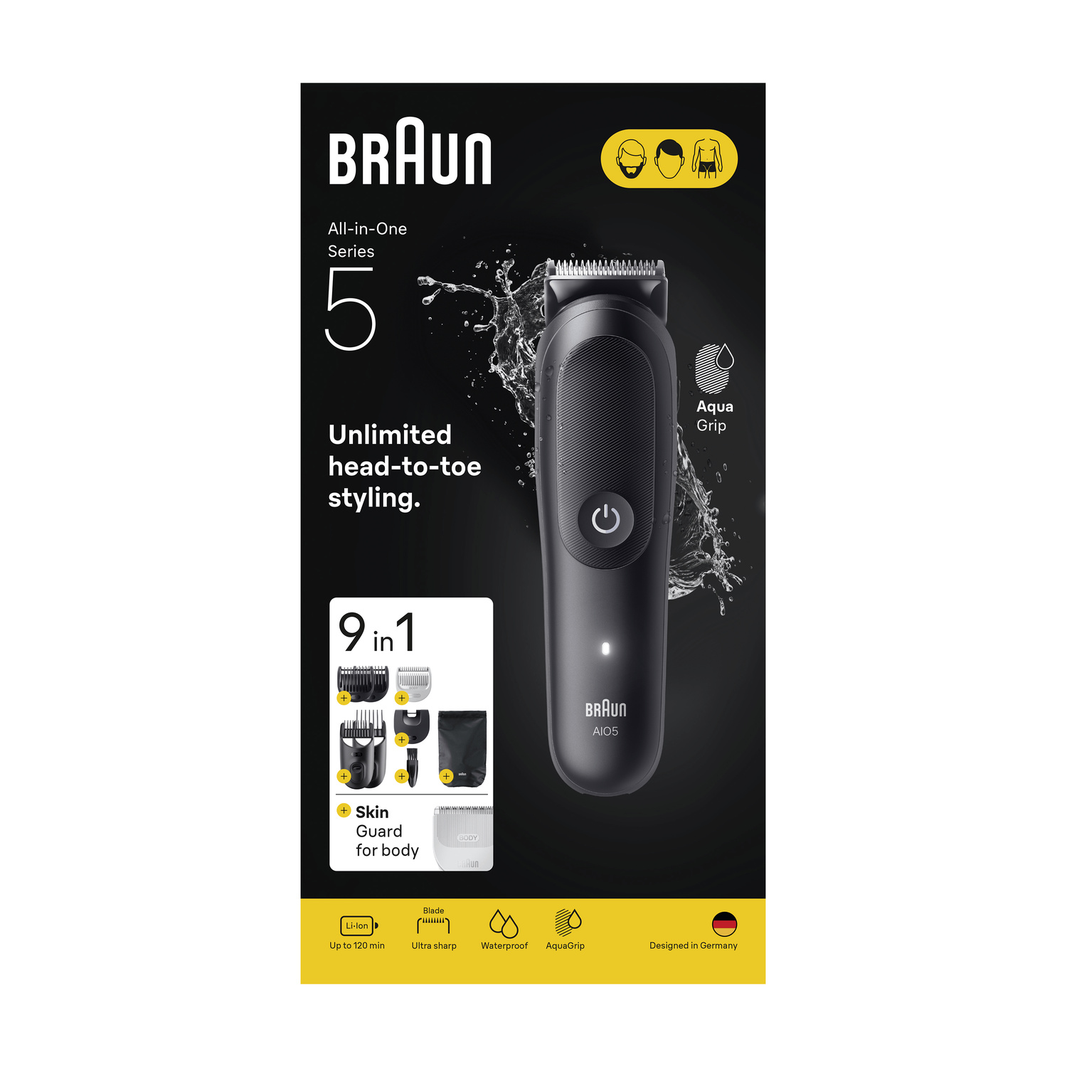 Confezione del trimmer Braun All-in-One Series 5 con accessori e spruzzi d'acqua.