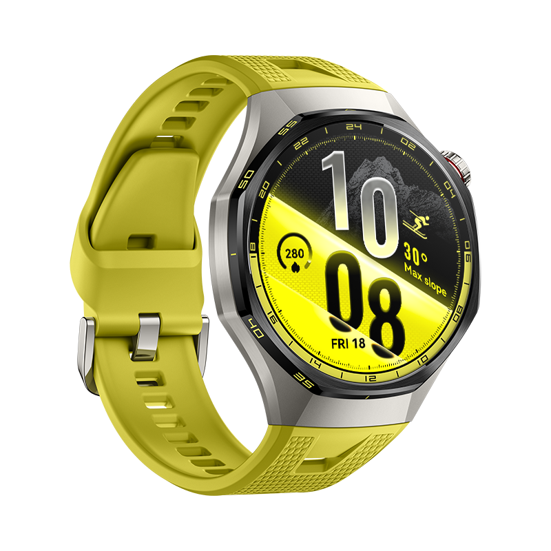 Un reloj inteligente amarillo con caja plateada, esfera negra y correa deportiva sobre fondo negro.