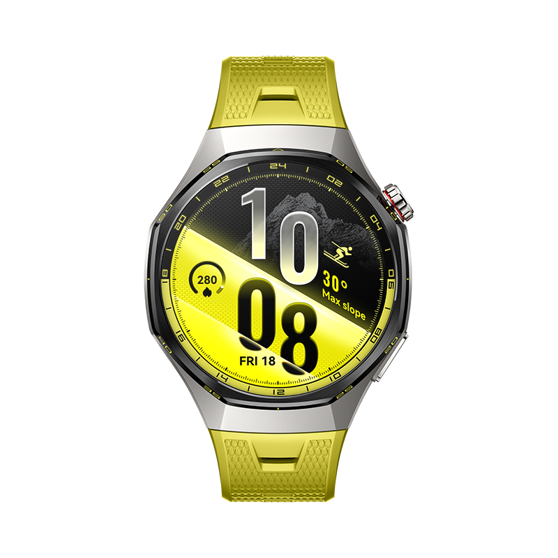 Un reloj inteligente deportivo amarillo con caja plateada, esfera negra y números digitales sobre fondo negro.