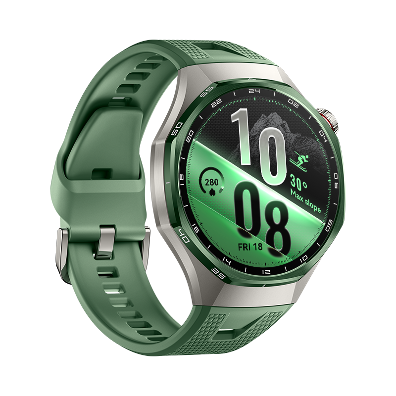 Un reloj inteligente verde con caja plateada y correa de silicona verde, muestra hora y datos de fitness.