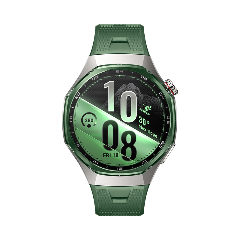 Un reloj inteligente verde con una pantalla que muestra la hora, la fecha y datos de montaña, sobre fondo negro.