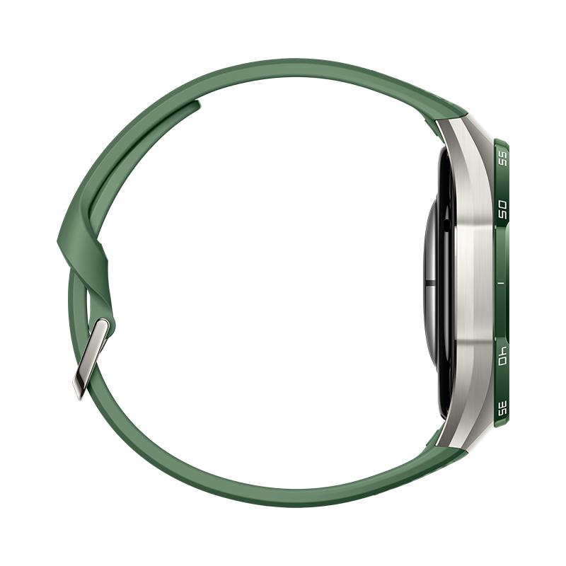Un reloj inteligente verde con caja plateada y correa de silicona verde sobre fondo negro.