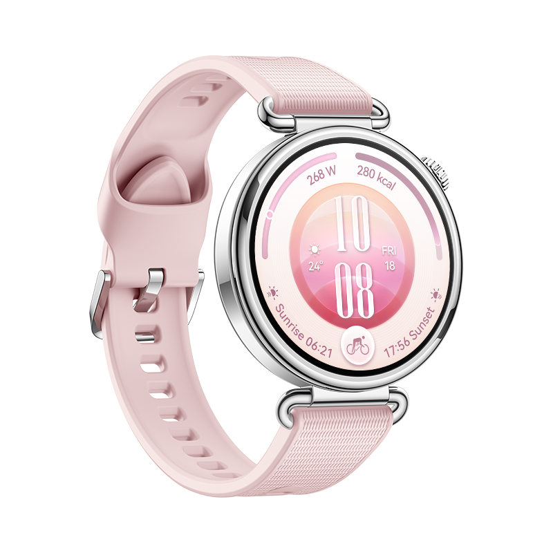 Un reloj inteligente rosa con caja plateada y pantalla digital sobre fondo negro.