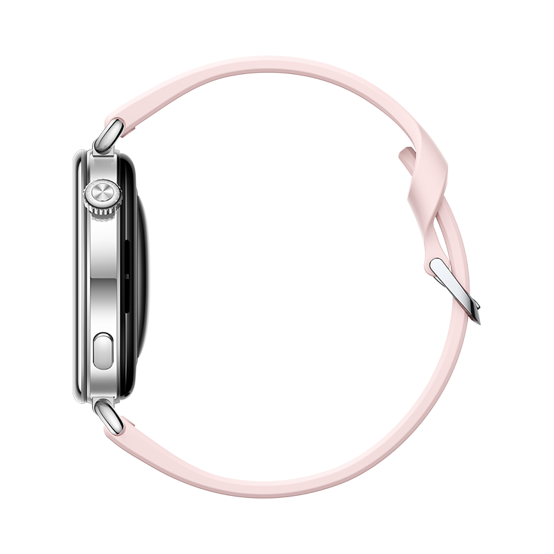 Un reloj inteligente plateado con una correa rosa fina sobre fondo negro, vista lateral.