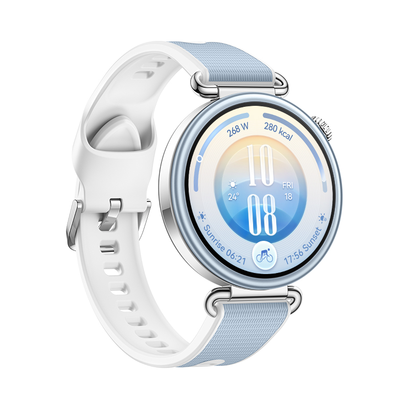 Un elegante reloj inteligente con pantalla redonda, esfera azul y correa de silicona blanca sobre fondo blanco.
